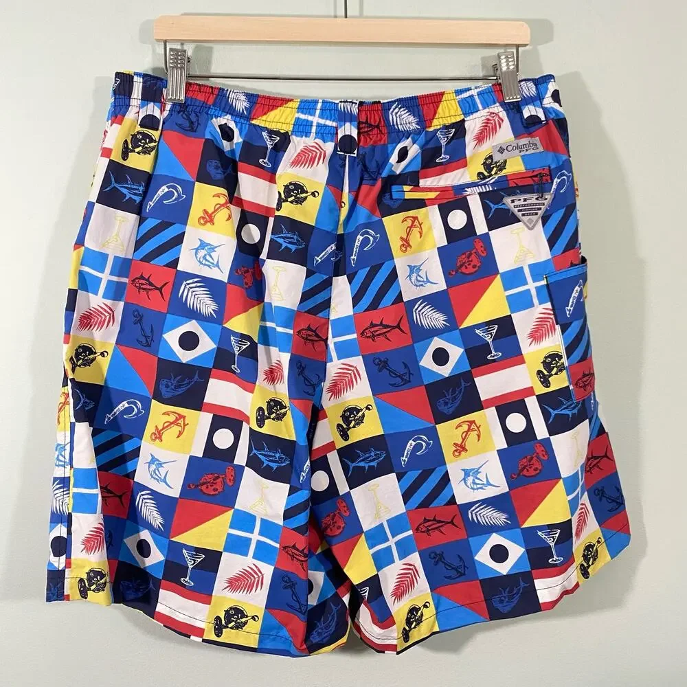 Columbia Men's PFG Nautical Fishing Checkered Swim Trunks Size L